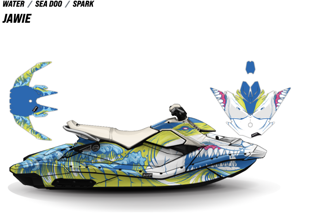 Custom Sea-Doo Spark wrap by Deviant Ink featuring shark-inspired design called JAWIE, with bold blue, yellow, and white graphics and detailed nose art